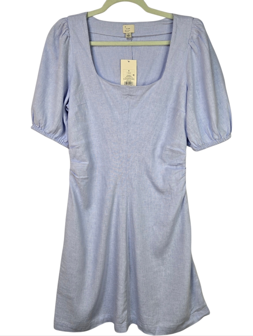 A NEW DAY Size 6 Lavender Puff Sleeve Square Neck Dress, 55% Linen NWT